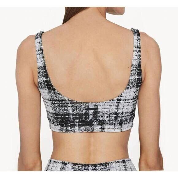 NWT ONA YOON CHUNG Plaid Sports Bra Black White Scoop Neck Top Active Sp… - Picture 2 of 8